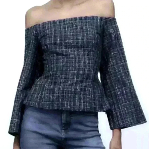 Zara NWT Women's Blue Tweed Textured Off the Shoulder Top - Picture 1 of 5